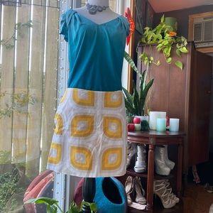 JCrew Mod Kitchen Wallpaper Skirt Knee Stretch Mustard Taupe 70’s Office Museum